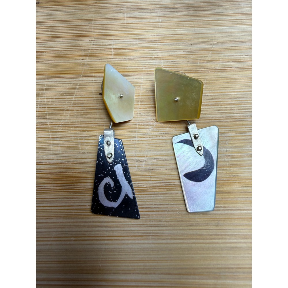 Ultra Craft Silver Tone MOP Shell Dangle Earrings Geometric 80s Retro Artisan